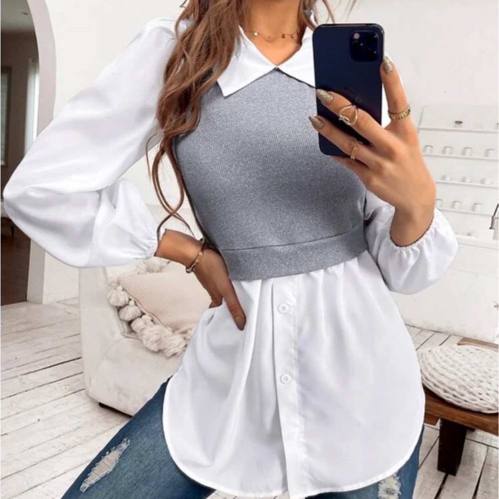 Elegant White and Gray Women's Blouse size small